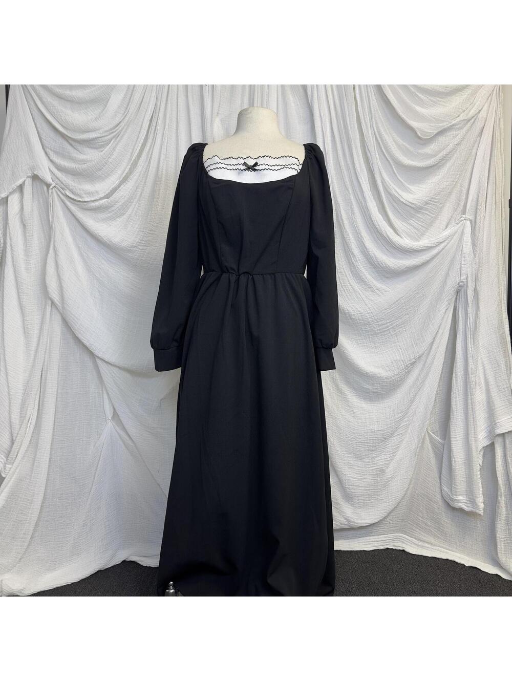 Whismygoth Cottagecore Black Long Sleeve Square Neck Dress XL